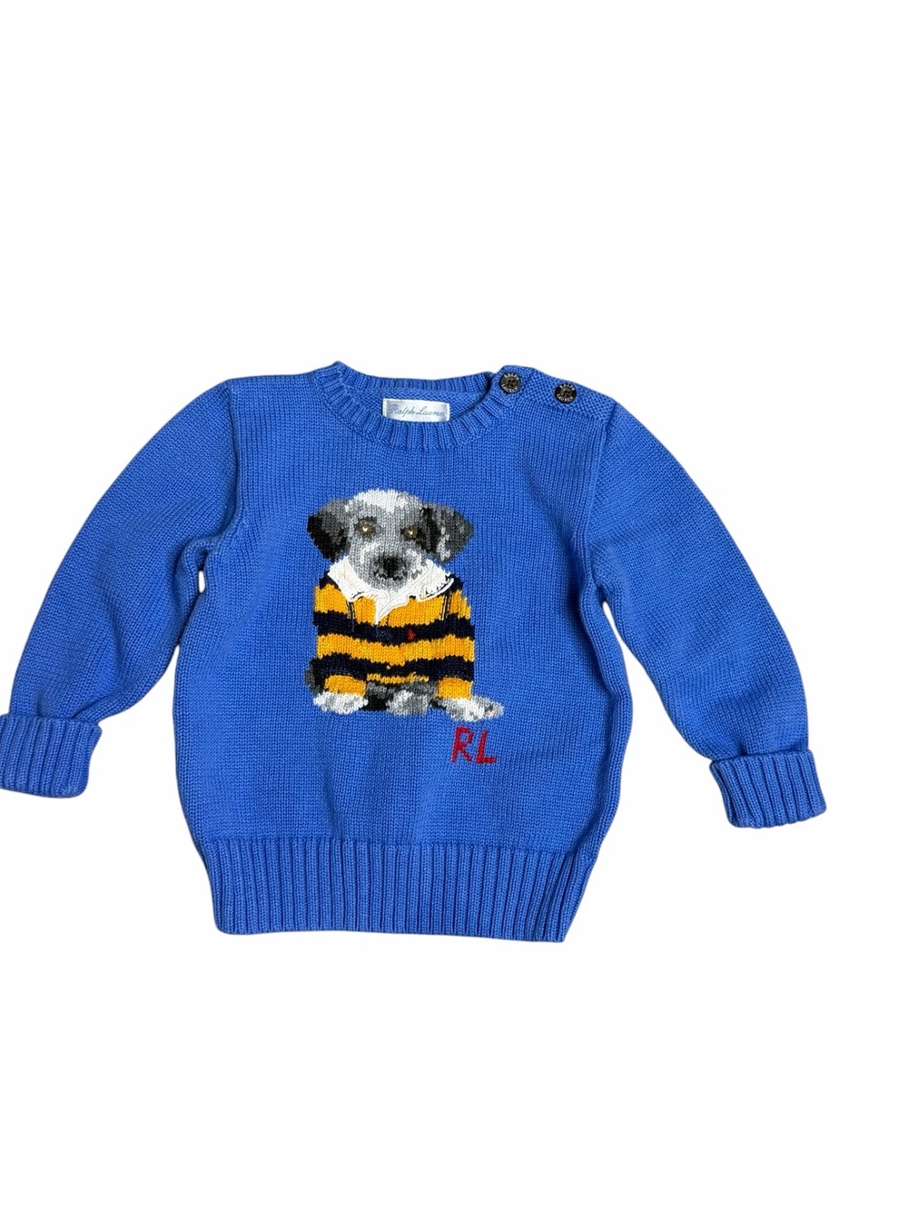 Polo Ralph Lauren Boys 12M Intarsia Blue Cotton Knit Crewneck Dog Logo Sweater